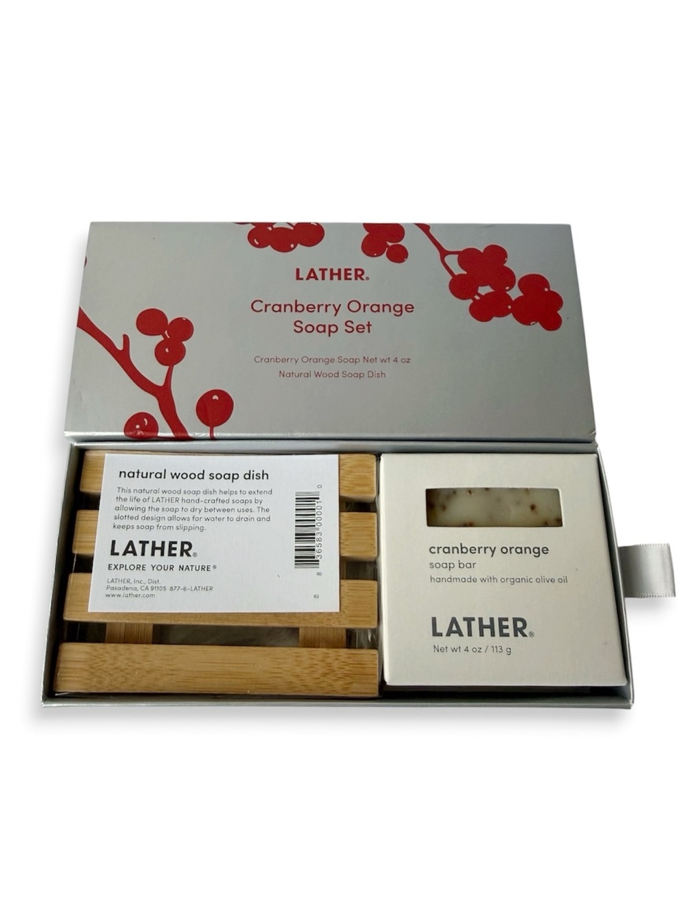 LATHER Cranberry Orange Soap Bar Handmade & Wood Soap Dish Set NEW